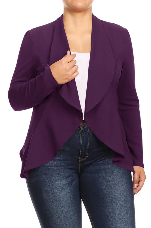 Model wearing a plus size casual open front blazer with a flounced hem in plum with a pair of  jeans and white top against a white backdrop