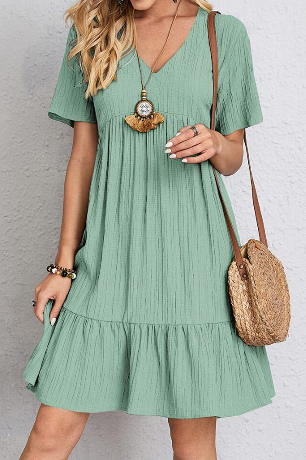 Full Size Ruched V-Neck Short Sleeve Dress **available in 7 colors