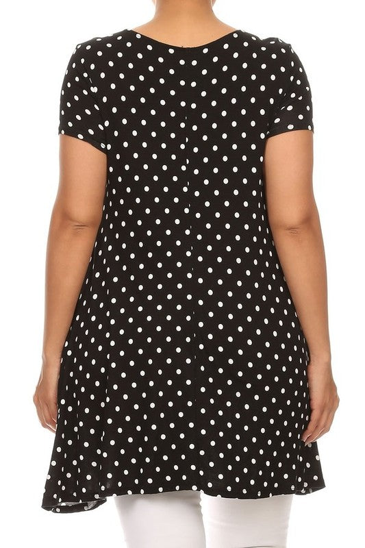 Moa Collection Plus Size Polka Dot Print Short Sleeve Top with Pockets **also in white, black, red, and navy