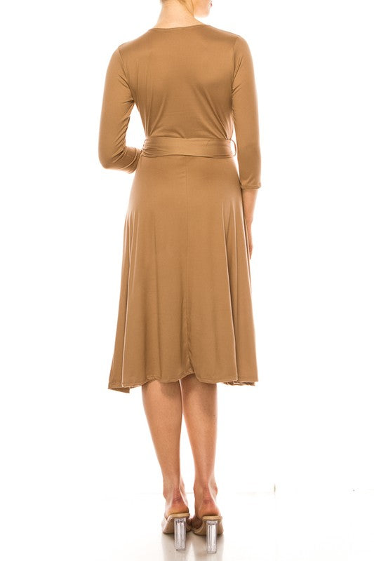 Moa Collection Solid Faux Wrap Dress with V-Neck **also in burgundy, rose, grey, mocha, plum, and royal blue