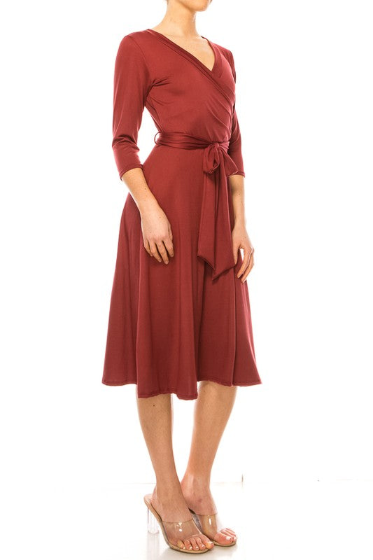 Moa Collection Solid Faux Wrap Dress with V-Neck **also in burgundy, rose, grey, mocha, plum, and royal blue