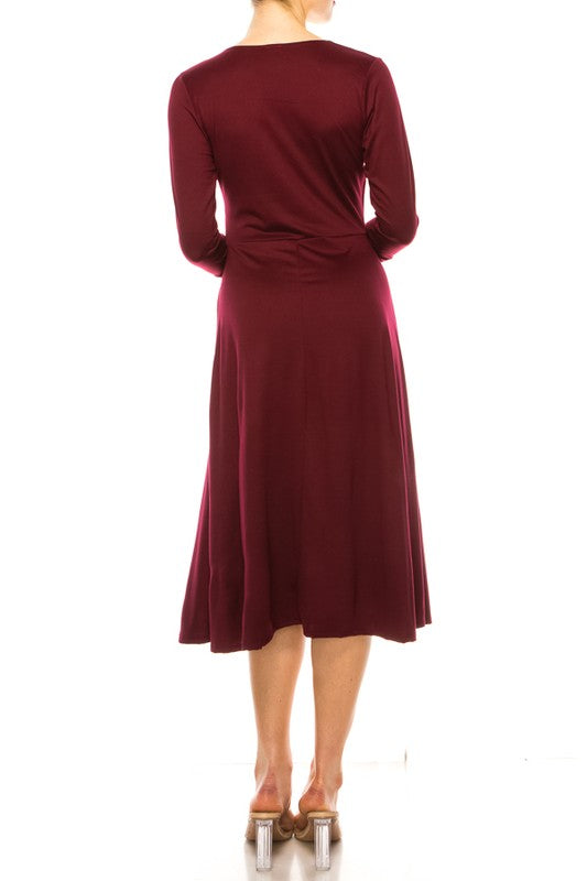 Moa Collection Solid Faux Wrap Dress with V-Neck **also in burgundy, rose, grey, mocha, plum, and royal blue