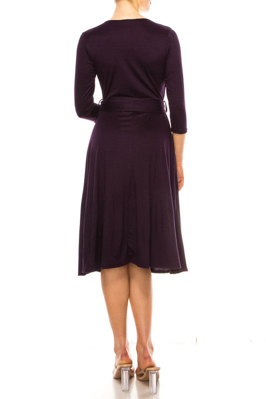 Moa Collection Solid Faux Wrap Dress with V-Neck **also in burgundy, rose, grey, mocha, plum, and royal blue