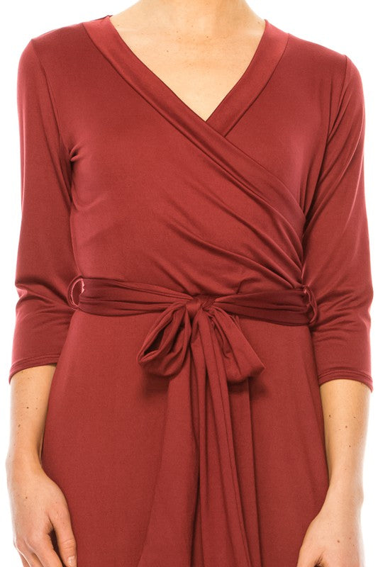 Moa Collection Solid Faux Wrap Dress with V-Neck **also in burgundy, rose, grey, mocha, plum, and royal blue