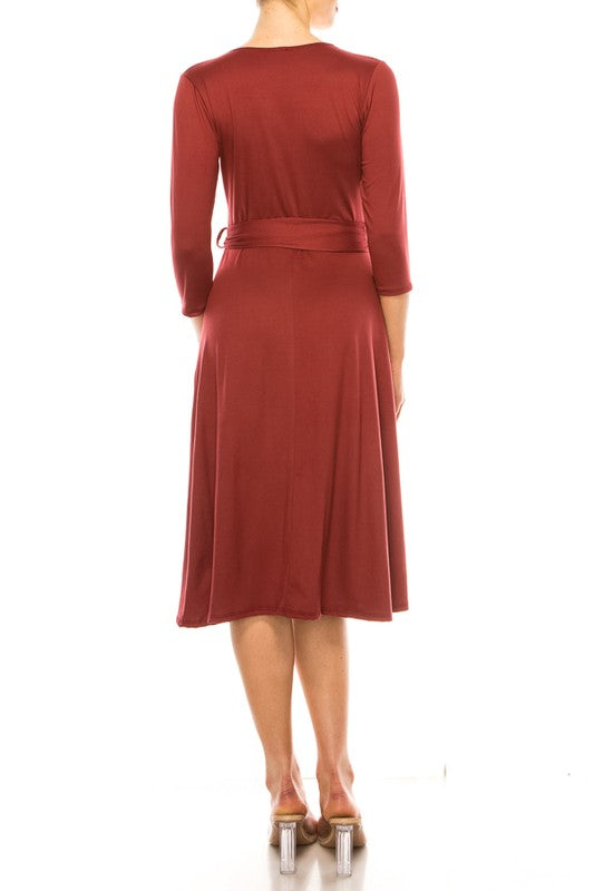 Moa Collection Solid Faux Wrap Dress with V-Neck **also in burgundy, rose, grey, mocha, plum, and royal blue