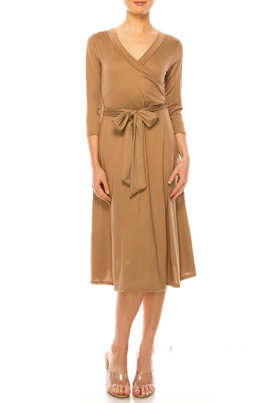 Moa Collection Solid Faux Wrap Dress with V-Neck **also in burgundy, rose, grey, mocha, plum, and royal blue