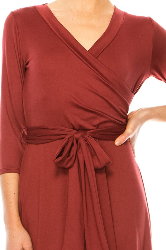 Moa Collection Solid Faux Wrap Dress with V-Neck **also in burgundy, rose, grey, mocha, plum, and royal blue