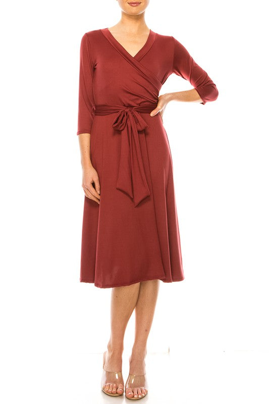 Moa Collection Solid Faux Wrap Dress with V-Neck **also in burgundy, rose, grey, mocha, plum, and royal blue