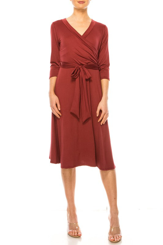 Moa Collection Solid Faux Wrap Dress with V-Neck **also in burgundy, rose, grey, mocha, plum, and royal blue