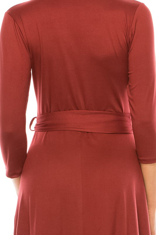 Moa Collection Solid Faux Wrap Dress with V-Neck **also in burgundy, rose, grey, mocha, plum, and royal blue