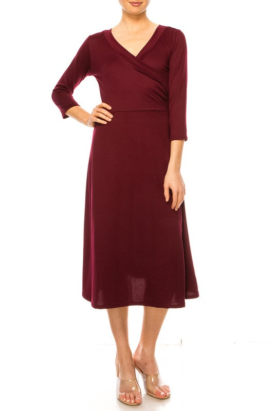 Moa Collection Solid Faux Wrap Dress with V-Neck **also in burgundy, rose, grey, mocha, plum, and royal blue