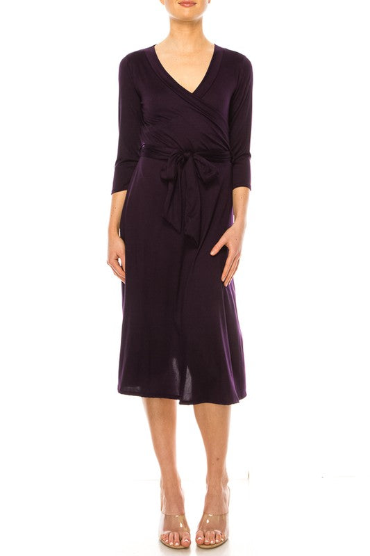 Moa Collection Solid Faux Wrap Dress with V-Neck **also in burgundy, rose, grey, mocha, plum, and royal blue