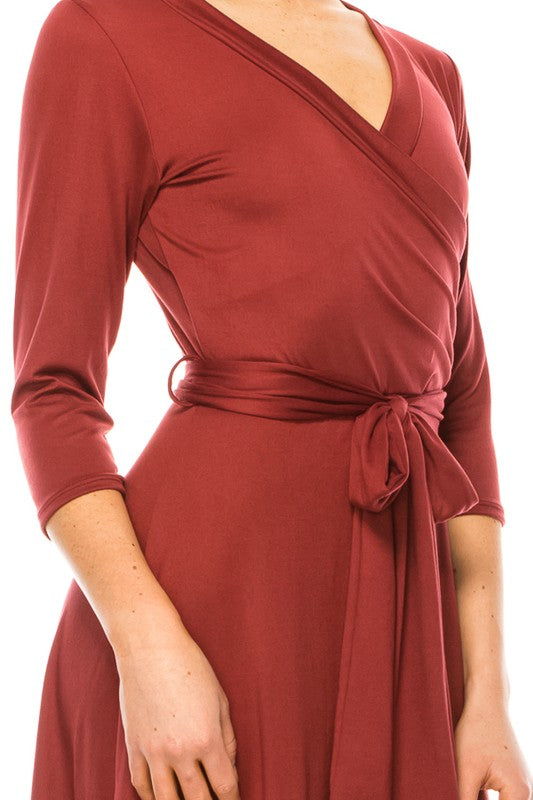 Moa Collection Solid Faux Wrap Dress with V-Neck **also in burgundy, rose, grey, mocha, plum, and royal blue