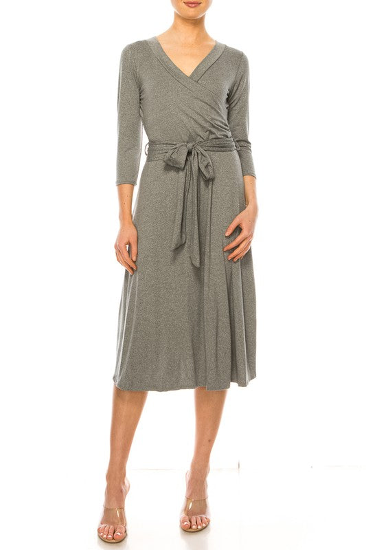 Moa Collection Solid Faux Wrap Dress with V-Neck **also in burgundy, rose, grey, mocha, plum, and royal blue