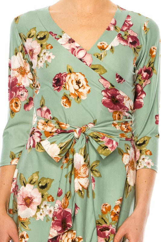 Moa Collection Sage Floral Print Faux Wrap Dress with V-Neck