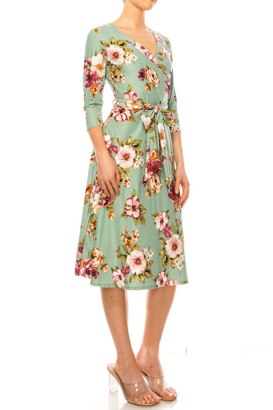 Moa Collection Sage Floral Print Faux Wrap Dress with V-Neck