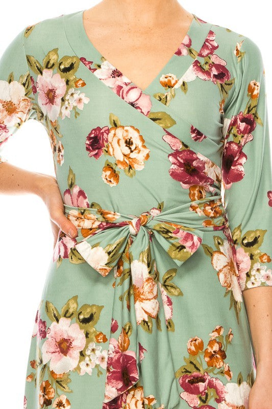 Moa Collection Sage Floral Print Faux Wrap Dress with V-Neck