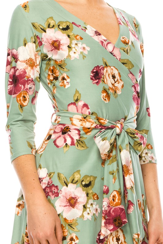 Moa Collection Sage Floral Print Faux Wrap Dress with V-Neck