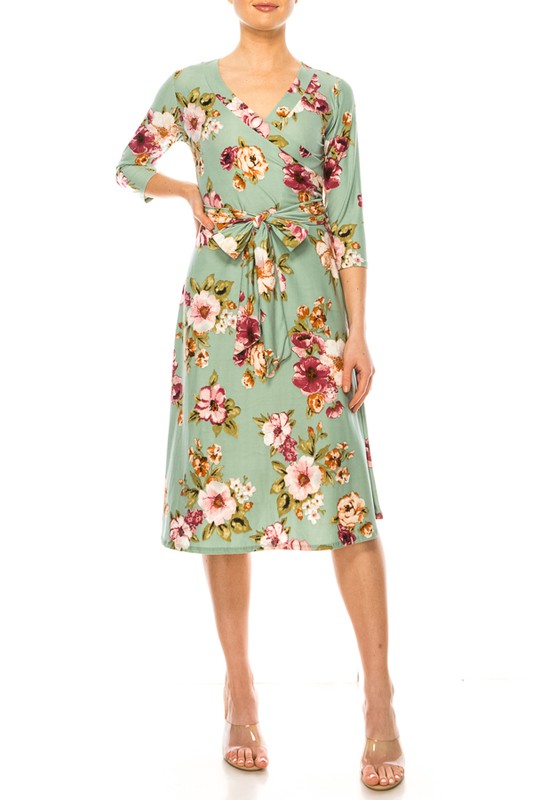 Moa Collection Sage Floral Print Faux Wrap Dress with V-Neck