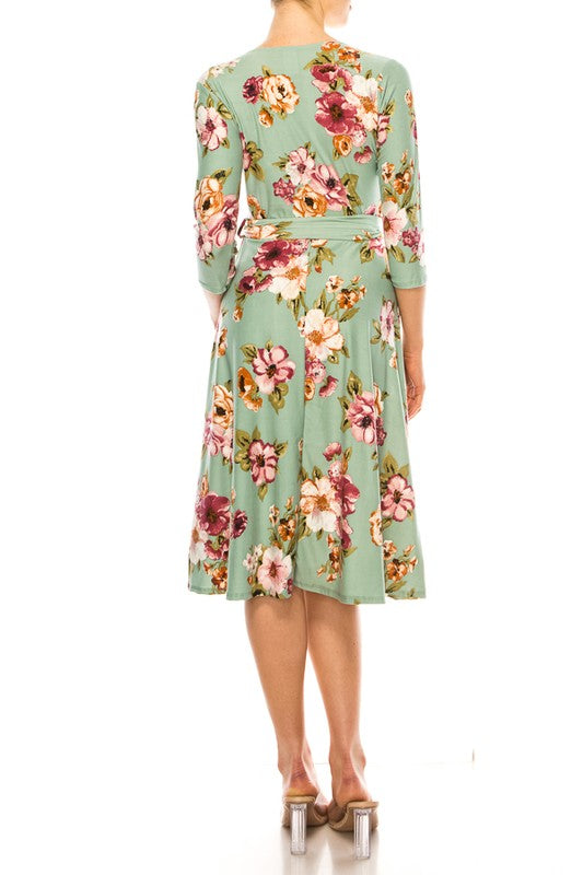 Moa Collection Sage Floral Print Faux Wrap Dress with V-Neck