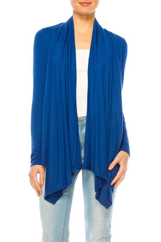 Model wearing a hip length relaxed fit open front cardigan in royal blue. Other colors available.