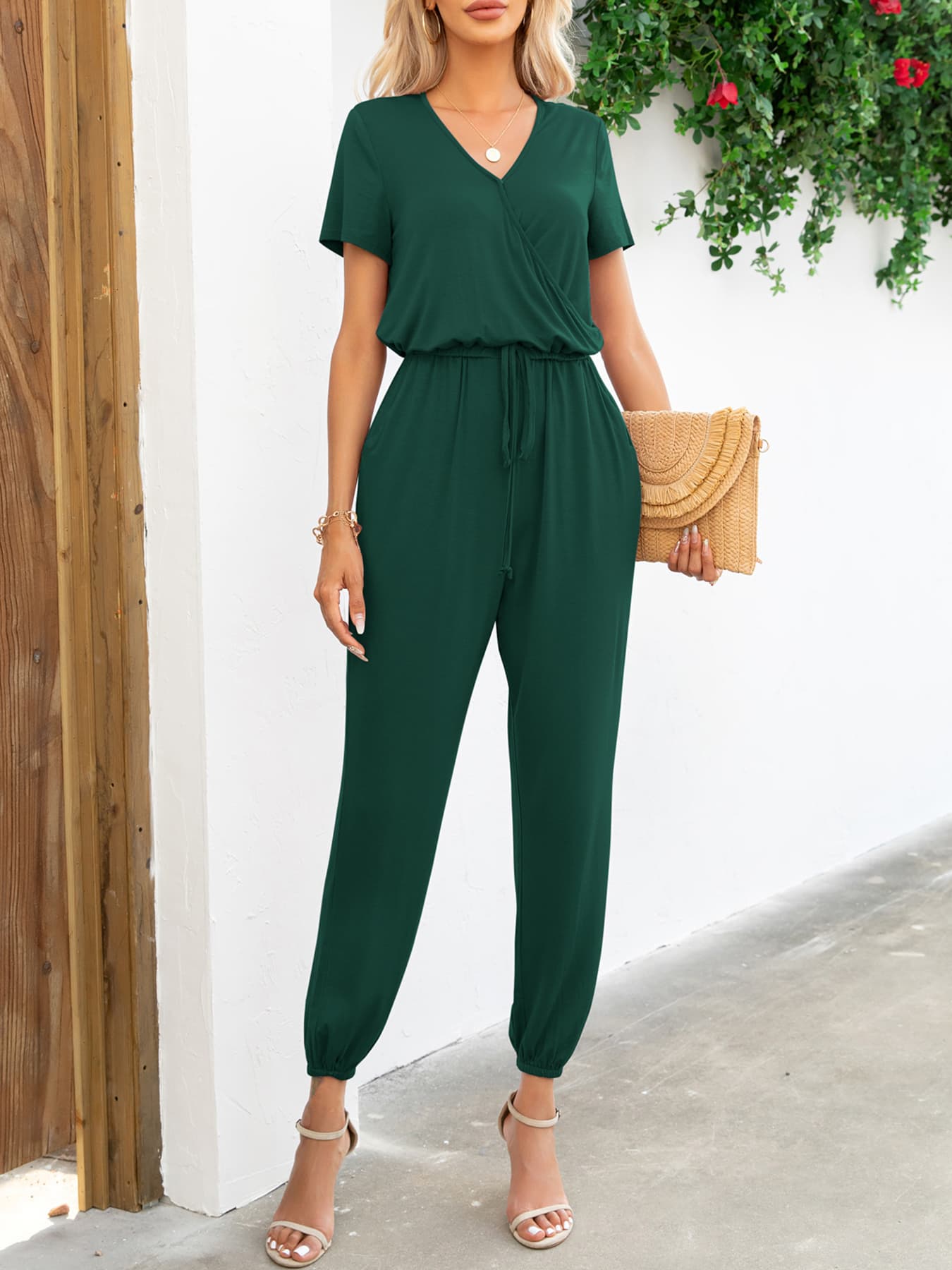 Short Sleeve V-Neck Jumpsuit with Pockets **also in deep red, navy, green, cobalt, and khaki