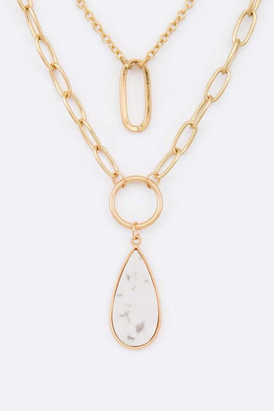 Stone Teardrop Layer Pendant Necklace