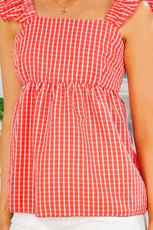 Orange Farm Ruffle Sleeve Tie Back Gingham Top **also available in red