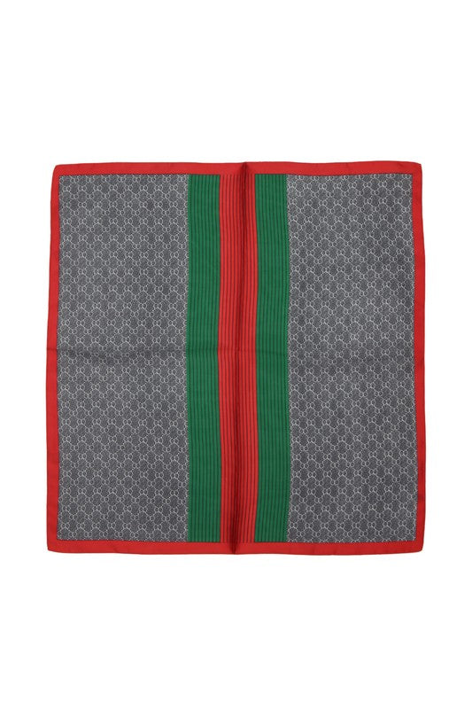 Classic green and red striped satin scarf with a black background.