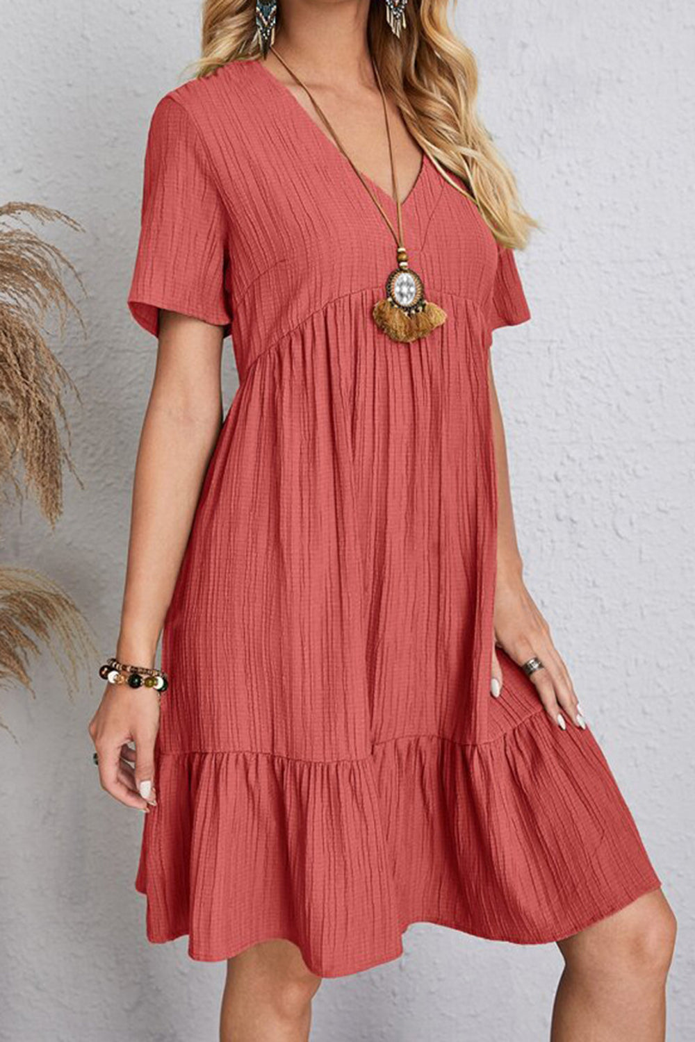 Full Size Ruched V-Neck Short Sleeve Dress **available in 7 colors