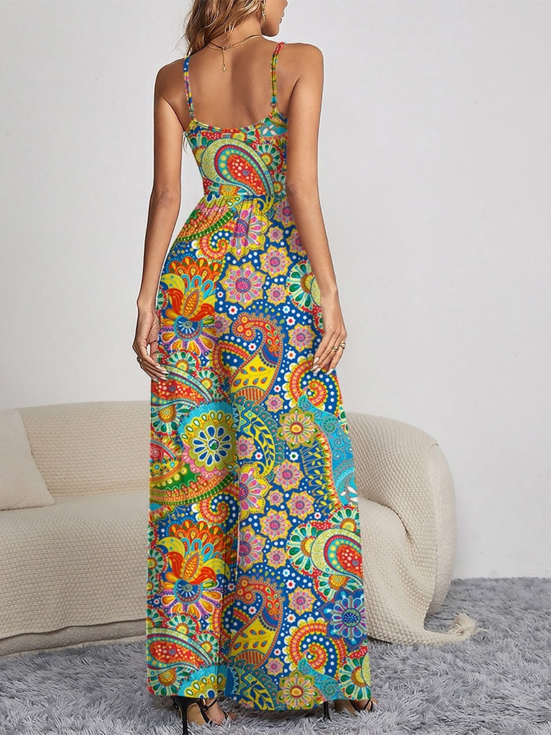 Floral Print Decorative Button Spaghetti Strap Wide Leg Jumpsuit