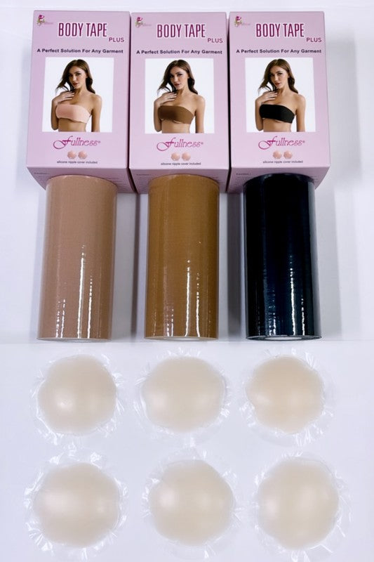 Boxes of body tape in beige, carmel, and black for D, DD, and DDD cup sizes with one set of nipple covers each.