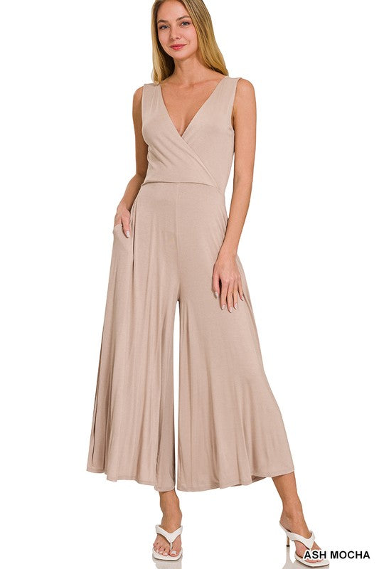 Zenana Surplice Neckline Sleeveless Jumpsuit