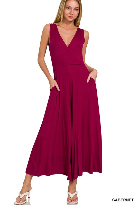 Zenana Surplice Neckline Sleeveless Jumpsuit