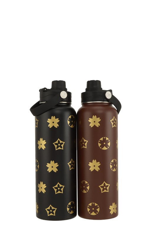 Double-walled, insulated, stainless steel 40oz water bottle with a luxe geometric pattern in either brown or black.