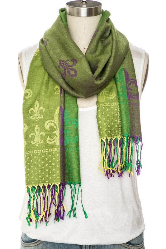 Mardi Gras themed and colored pashmina that's the perfect versatile accessory. Use it as a scarf, blanket, top, or dress, making it the perfect accessory for travel.