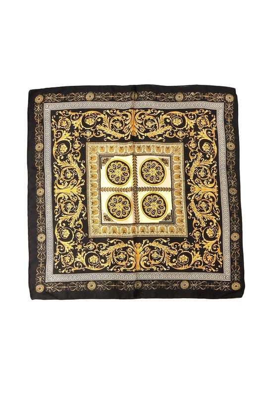 Black and gold floral print square satin scarf.