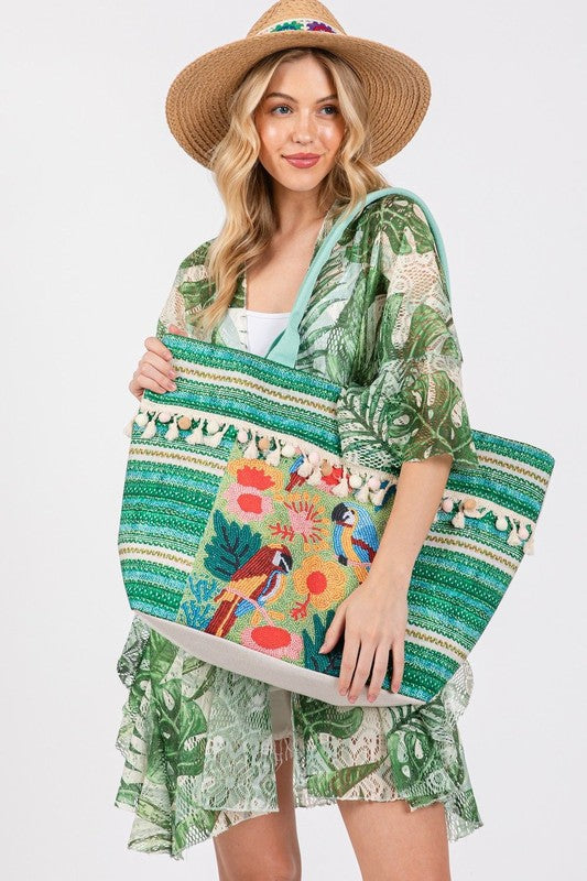 Bird and Tassel Beaded Tote Bag