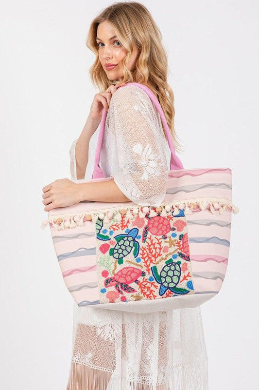 Turtle and Tassel Beaded Tote Bag