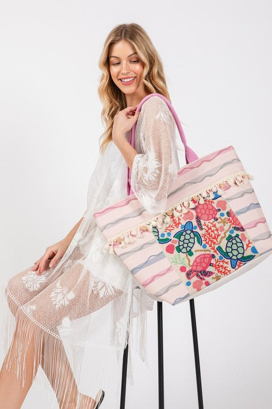 Turtle and Tassel Beaded Tote Bag