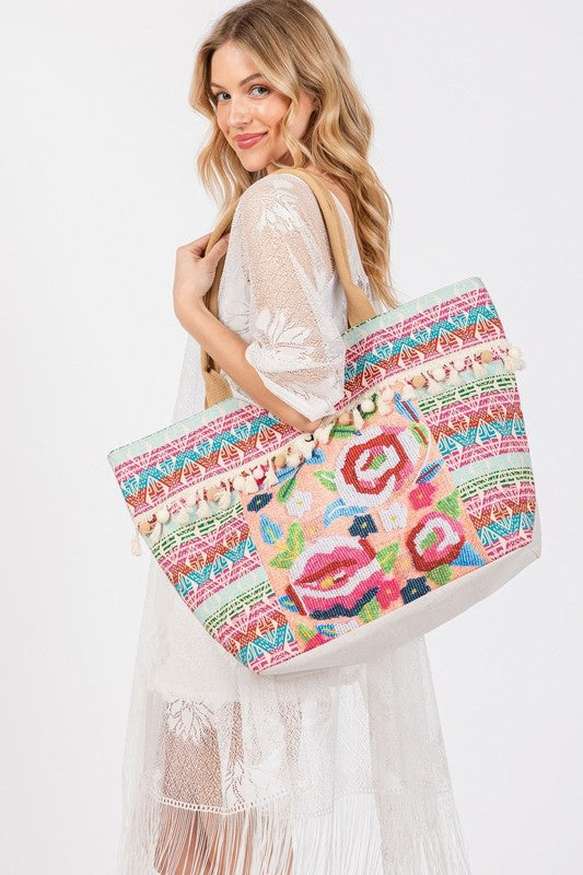 Flower and Tassel Beaded Tote Bag