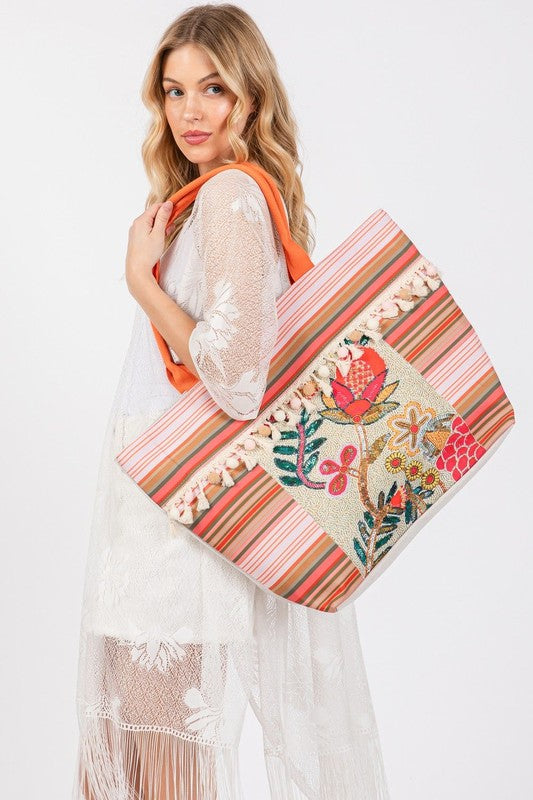 Flower and Tassel Beaded Tote Bag