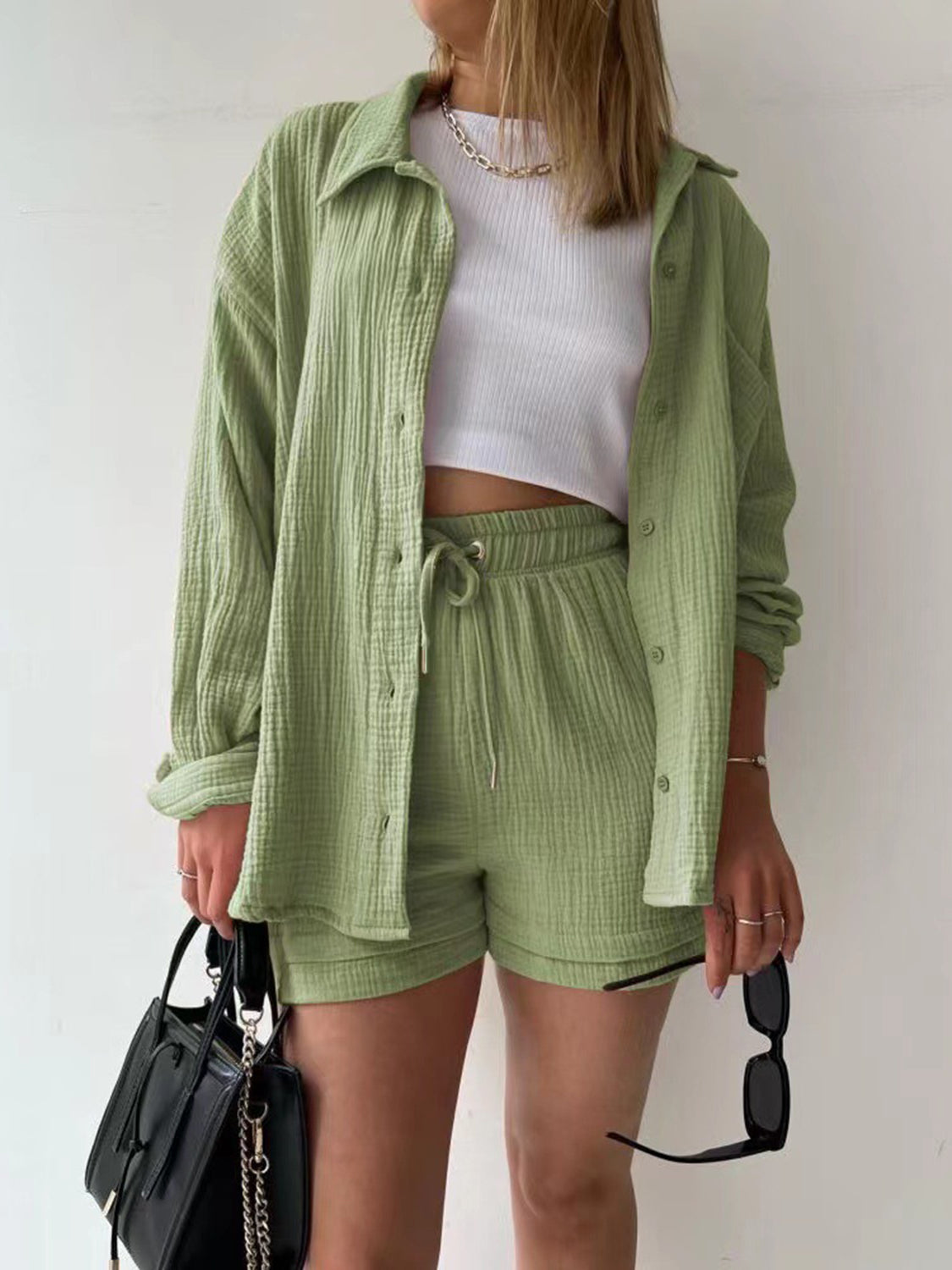 Texture Button Up Shirt and Drawstring Shorts Set **available in 11 colors