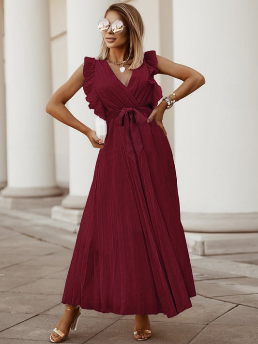 Tied Surplice Cap Sleeve Pleated Dress **also in green black, cobalt, and lavender