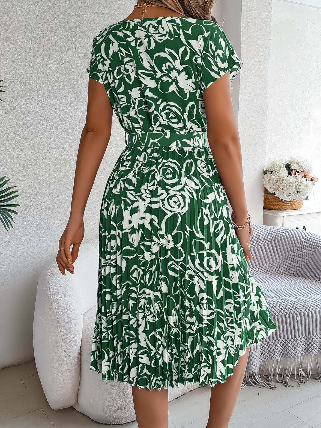 Tied Pleated Printed Short Sleeve Dress **also in pink, burgundy, pastel blue, and green