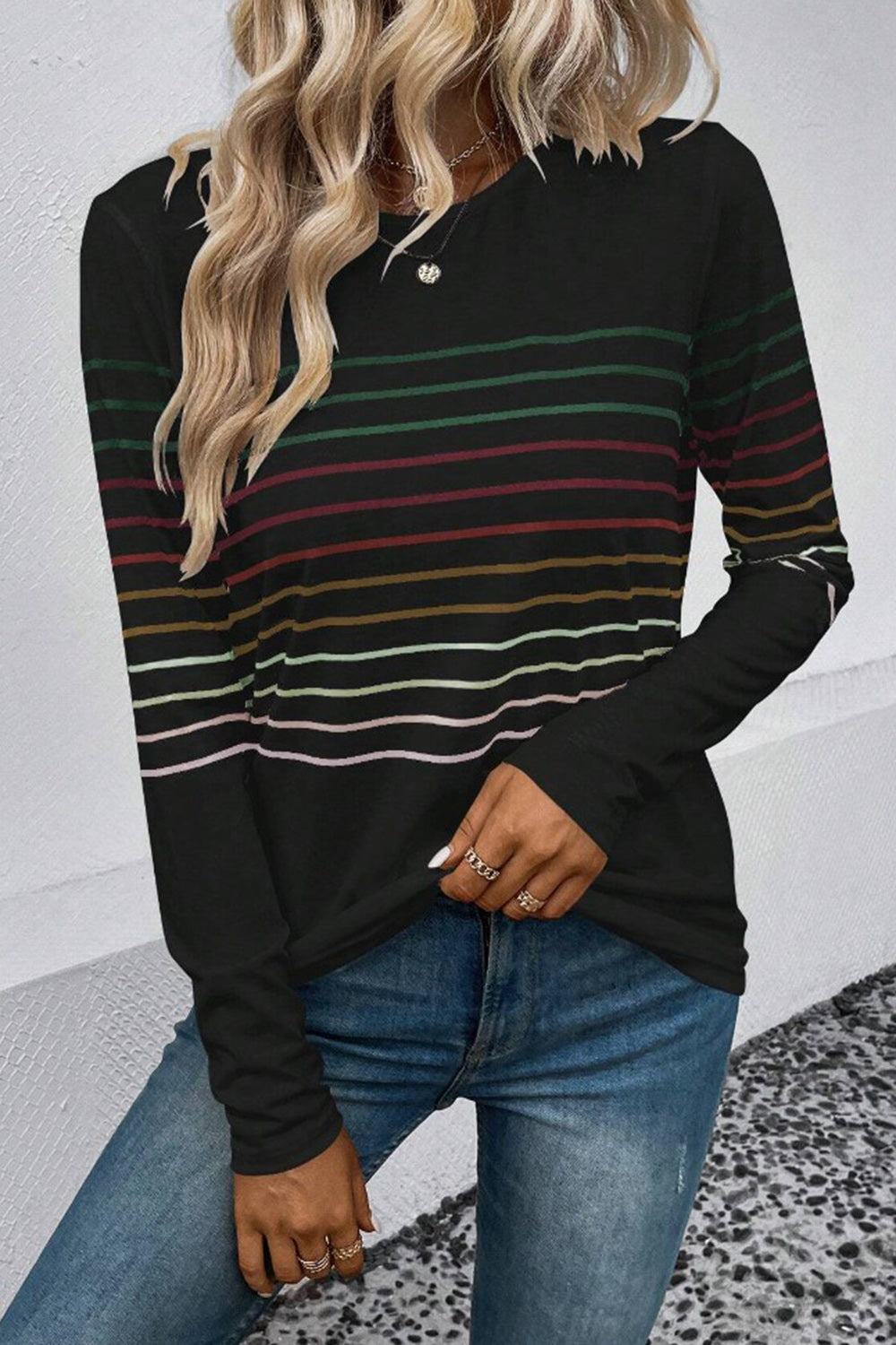 Striped Round Neck Long Sleeve T-Shirt **also in black, green, teal, grey, and burgundy