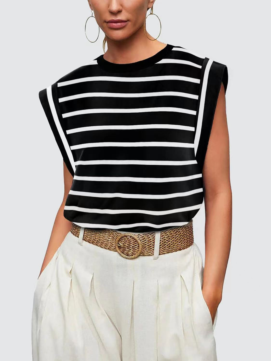 Nautical Striped Round Neck Cap Sleeve T-Shirt **also in red, cloudy blue, white, and navy