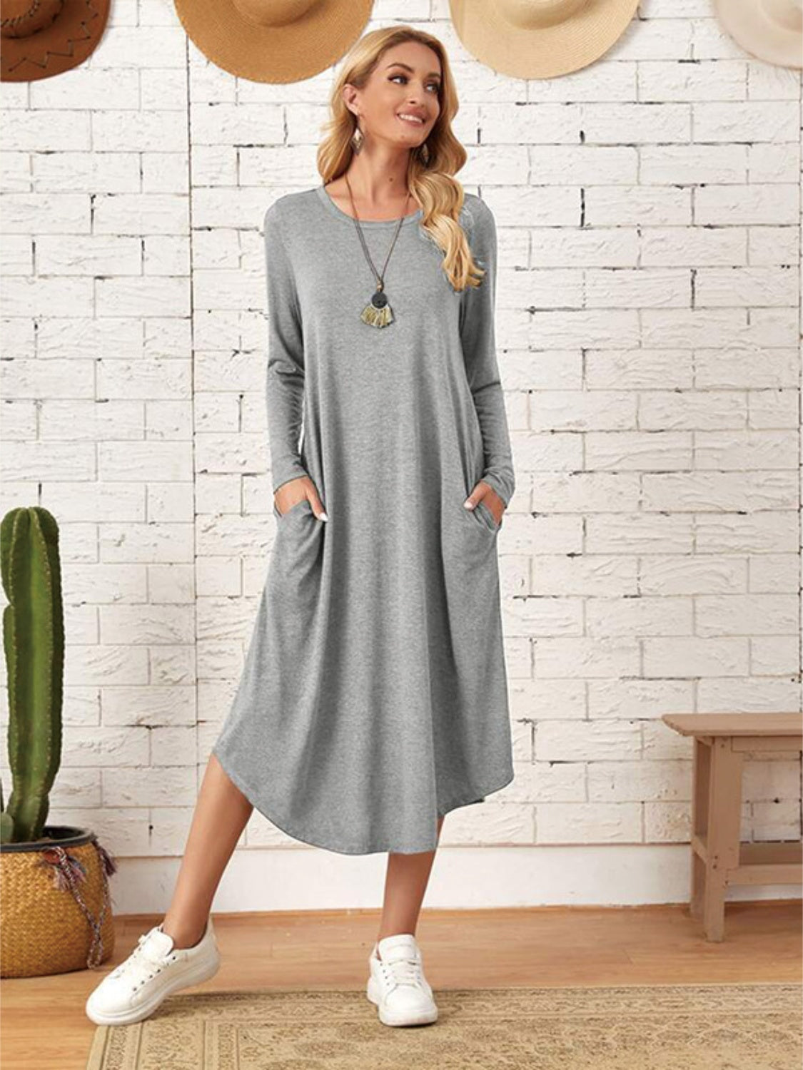 Pocketed Round Neck Long Sleeve Tee Dress **also in grey, black, burgundy, yellow green, and dusty blue