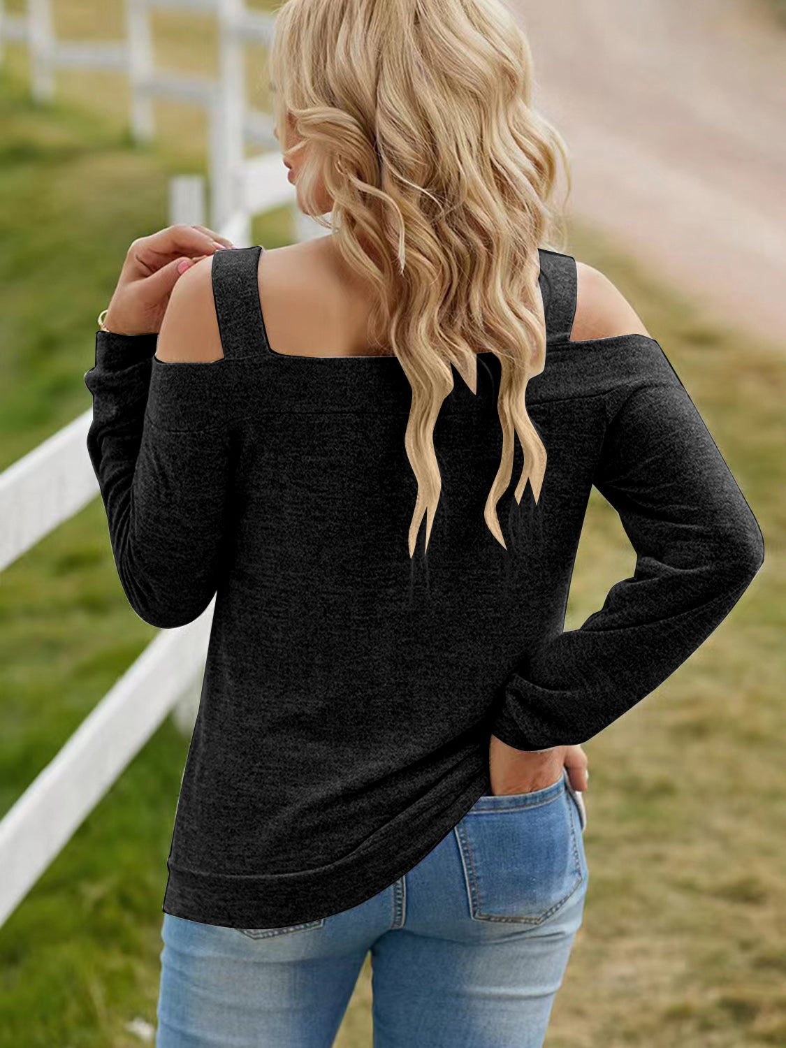 Full Size Cutout Cold Shoulder Sweater **also in light mauve, blue, green, red, and black