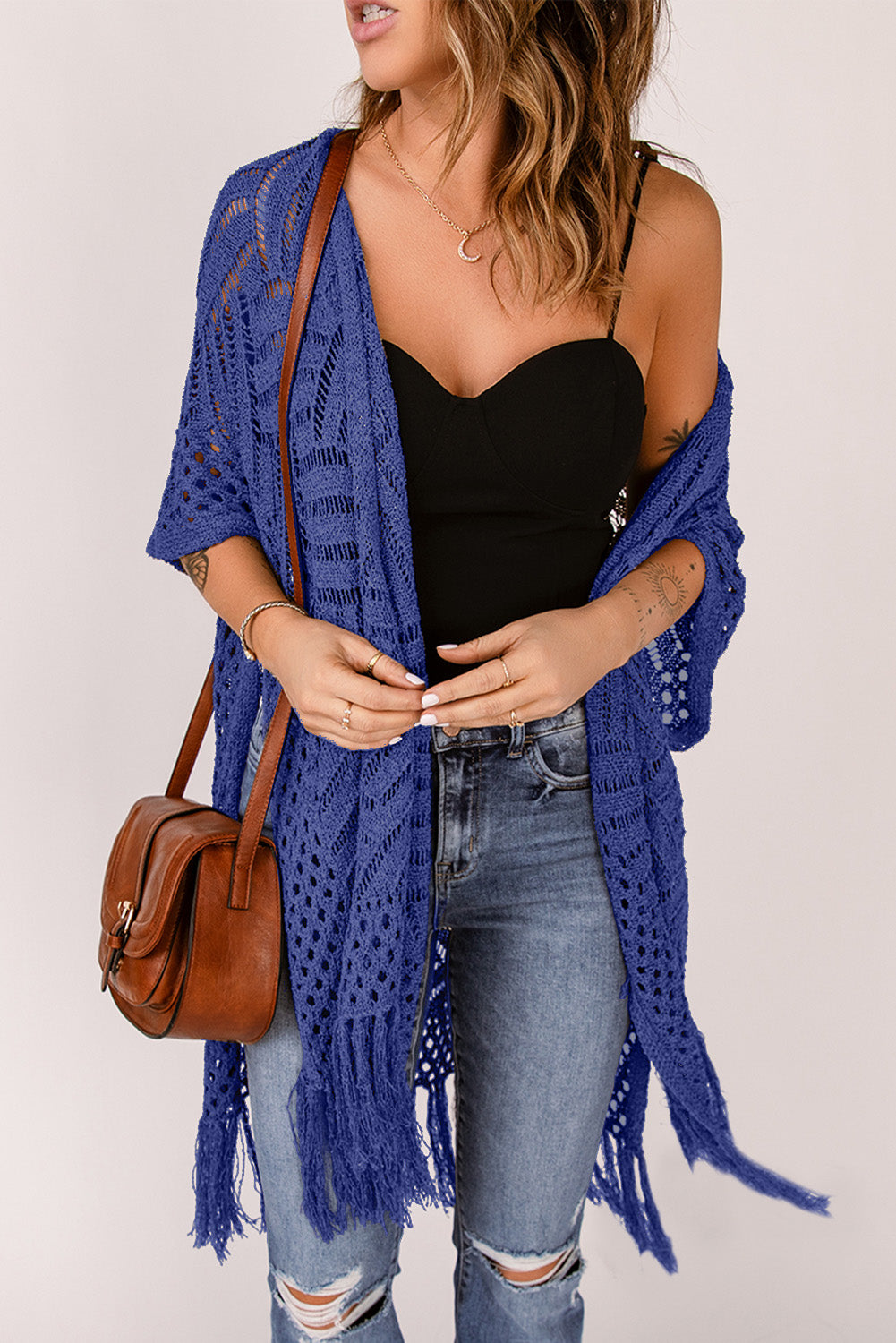 SYNZ Openwork Open Front Cardigan with Fringes **also in light or dark blue, lavender, and dark green